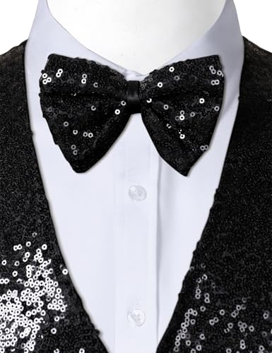 ZEROYAA Men's Sequin Vest Slim Fit 70s Shiny Waistcoat Bowtie Set Disco Prom Party Tuxedo4