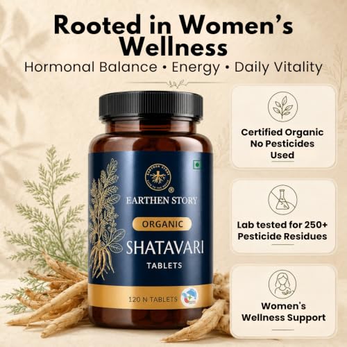 Image of Earthen Story Certified Organic Shatavari Tablets (120) | Lab Tested for 190+ Pesticides | Asparagus Racemosus Root for Hormonal Balance, Vitality & Feminine Wellness | Vegan, Non-GMO