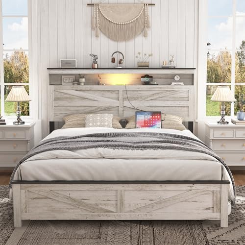 madeslves Farmhouse Wooden Bed Frame Queen Size with Storage Headboard Boho Platform Bedframe with LED Lights and Charging Station Metal Slats Support No Box Spring Needed White
