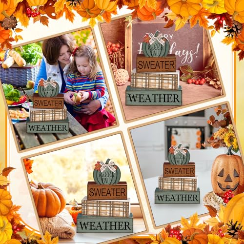 Image of Moucuny 4 Pcs Thanksgiving Pumpkin Decor Fall Decorations for Home Thanksgiving Table Centerpiece Pumpkin Tiered Tray Decor Rustic Decorative Block Signs Farmhouse for Harvest Party Table Kitchen Home