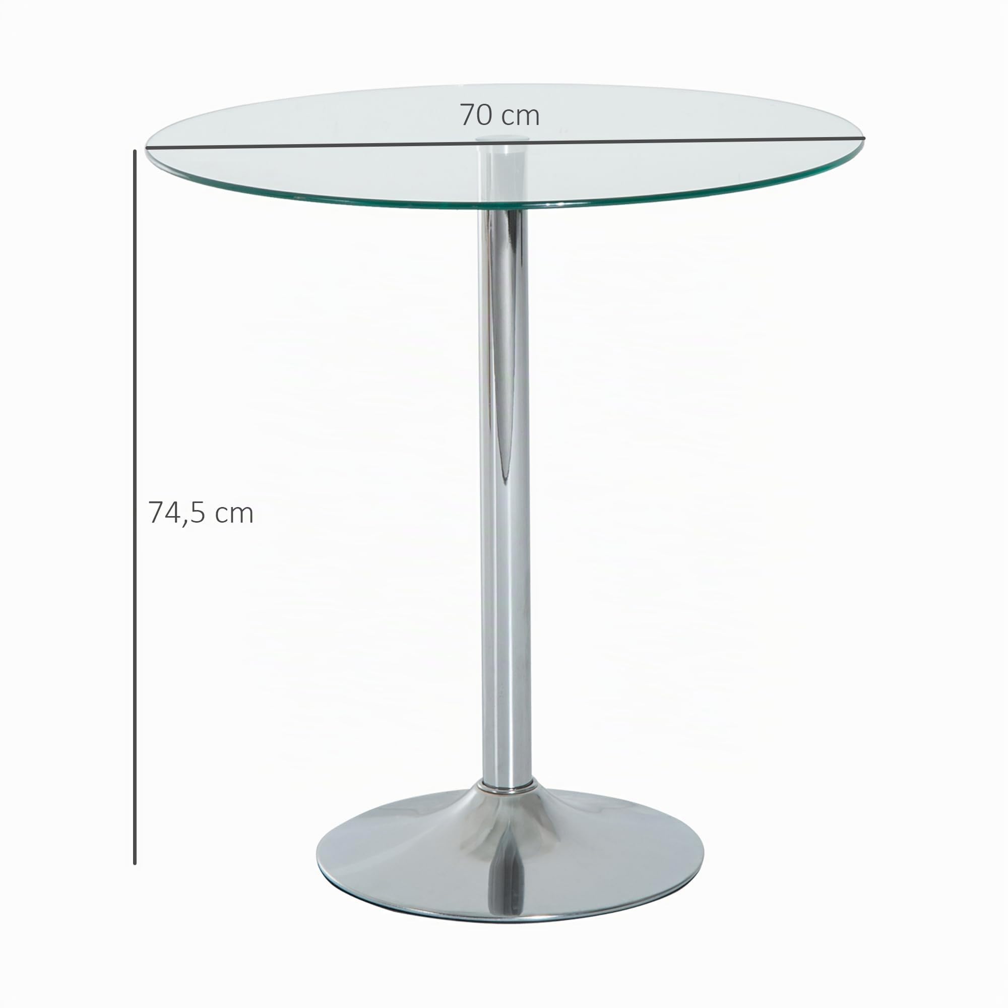 HOMCOM Mesa de Comedor Redonda para 2 Personas Ø70 cm Moderna Plateada | Mesa de Cocina, Superficie de Vidrio Templado, Base de Acero, para Salón, Comedor