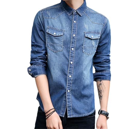 Kelsiop Men's Denim Shirt Cotton Slim Long Sleeve Jeans Jacket Street Fashion Handsome Autumn Button-Down Shirt