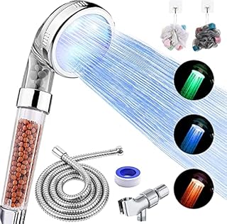 FASTRAS LED Shower Head with Handheld, High Pressure Shower Head with Hose, Holder & PTFE Tape etc, 3 Water Temperature-Controlled Water Saving Filtered Shower Head for Dry Hair& Skin