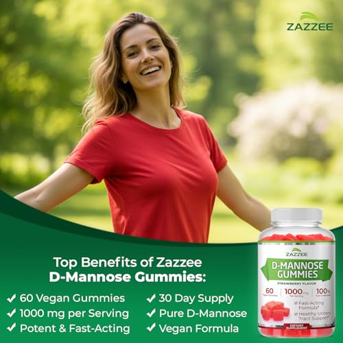 Image of Zazzee D-Mannose Gummies, 1000 mg per Serving, 60 Vegan Gummies, Strawberry Flavor, Non-Sugar-Coated, Potent & Fast-Acting, All-Natural Urinary Tract Health Support, Made in the USA