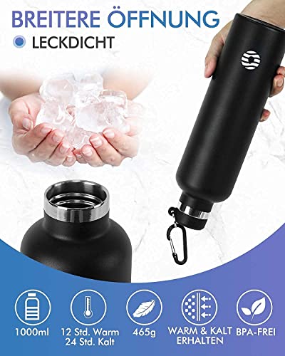 Edelstahl Trinkflasche 1 Liter mit Karabiner von FEIJIAN