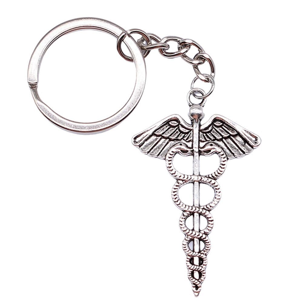 Wysiwyg Unisex A03-1Pcs-49X30mm 1Pcs 49X30mm Caduceus Medical Symbol Charms Keyrings Antique Silver Color Zinc Alloy Ring Size 28Mm