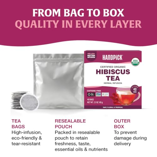 Image of HANDPICK Organic Hibiscus Tea (40 Tea Bags) Pure Indian Hibiscus Flowers