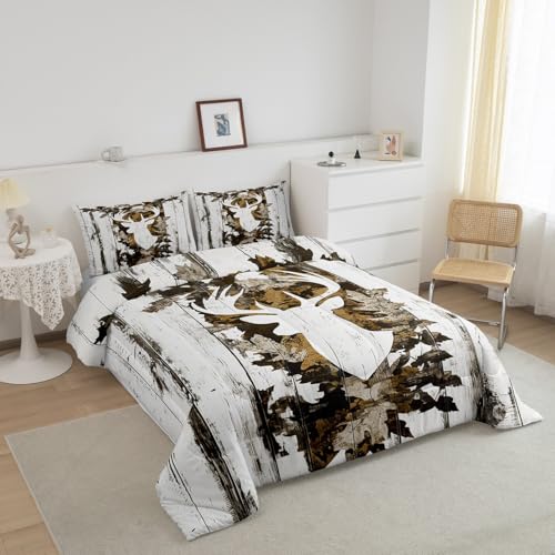 Image of Feelyou Camo Deer Comforter Set Queen Size Deer Antlers Army Camouflage Bedding Set Boys Girls Hunting Comforter Set Animal Duvet Insert Bed Set 3Pcs