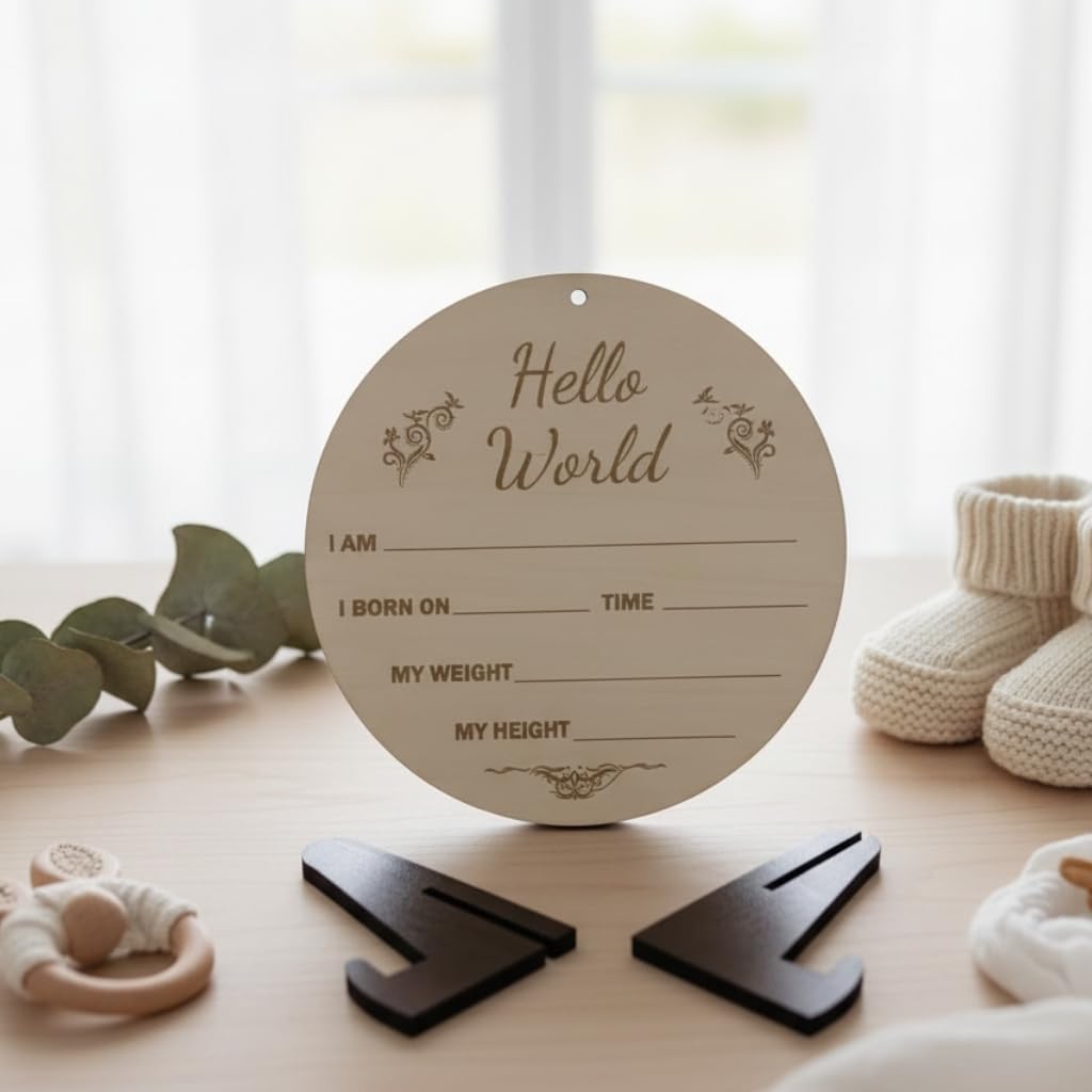 LASER ART Hello World Birth Announcement Wooden Plaque with Stand | MDF Baby Milestone Board for Newborn Photo Prop, Baby Shower Gift, Memory Keepsake 2