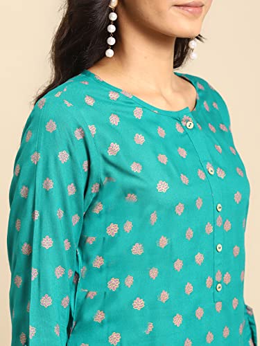 Image of rangita Turquoise Rayon Calf Length Printed A-line Kurti for Women | Kurta for Women