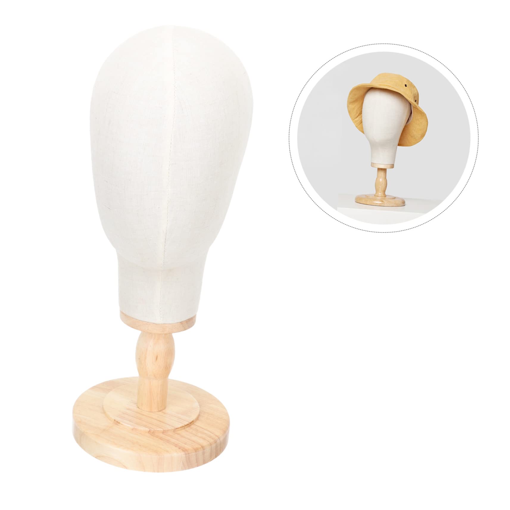 GLEAVI Tête de Mannequin en Lin Présentoir à Bijoux Base en Bois pour Perruques et Casquettes pour Salon de Coiffure ou Usage Domestique