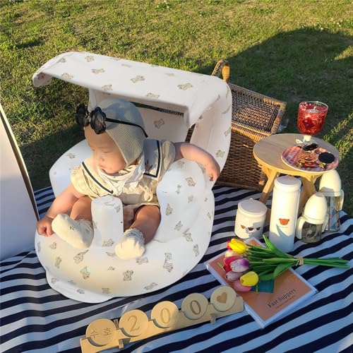 Image of Inflatable Baby Seat with Integrated Canopy for Babies 3 Months & Up, Baby Floor Seats for Sitting Up, Baby Seats for Infants, Blow Up Baby Chair with Built in Air Pump - Bear