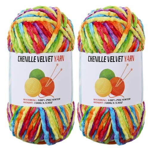 Image of 2 * 100g Velvet Chenille Chunky Yarn, Handcrafts Weaving Soft Chenille for Crocheting Clearance, Used for Making Baby Yarn Blanket, Clothes, Knitting Creations (Bright Rainbow)