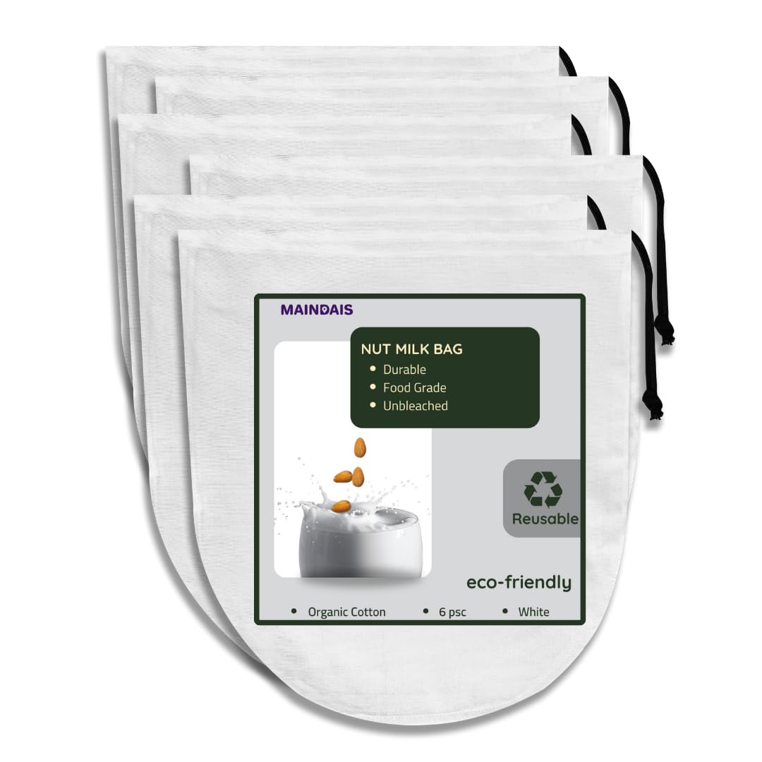 MAINDAIS Drawstring Nut Milk Bag Unbleached Organic Cotton Cheesecloth,Reusable Food Strainer Colander Straining Milk,Cold Brew Coffee,Yogurt,Juice,Masala Potli,Spice Bag,Paneer,Curd.(Round-Pack Of 6)