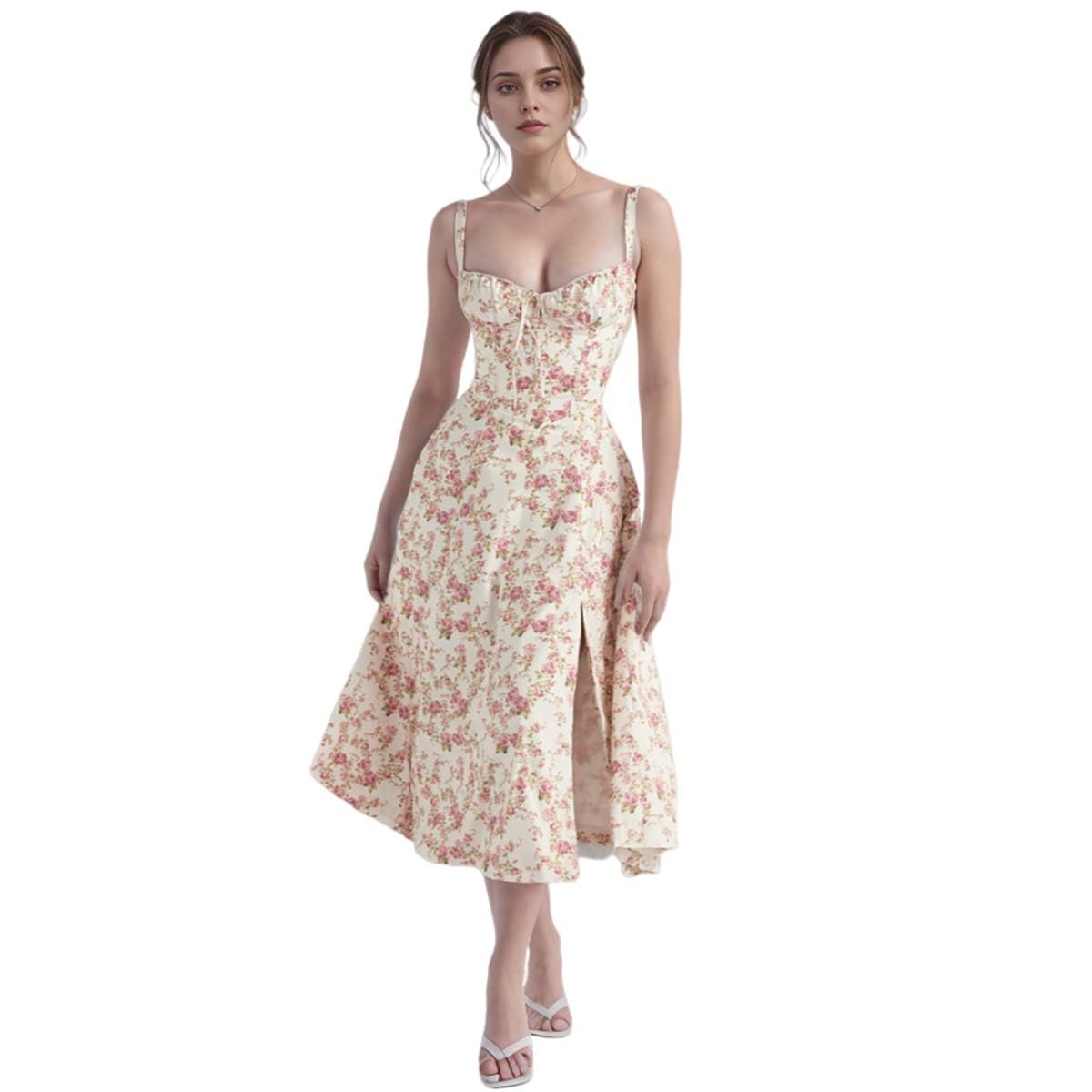 chinese dress ladies Square Neck Floral Corset Lace Up Midi Dress main image 0