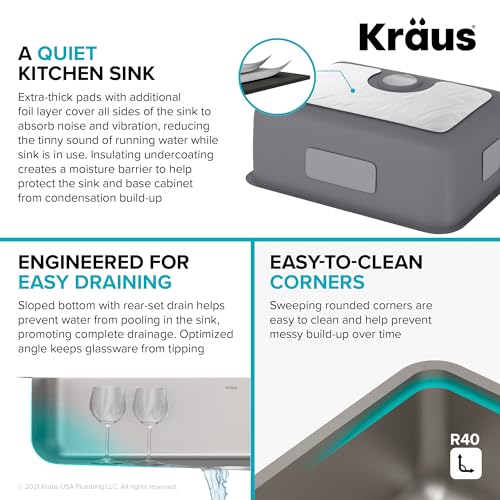 KRAUS Stainless Steel 25 in 16 Gauge Undermount Kitchen Sink KA1US25B | 16-gauge TRU16 steel, radiant pearl finish masks scratches, rounded corners, NoiseDefend foil-layer soundproofing - image 7