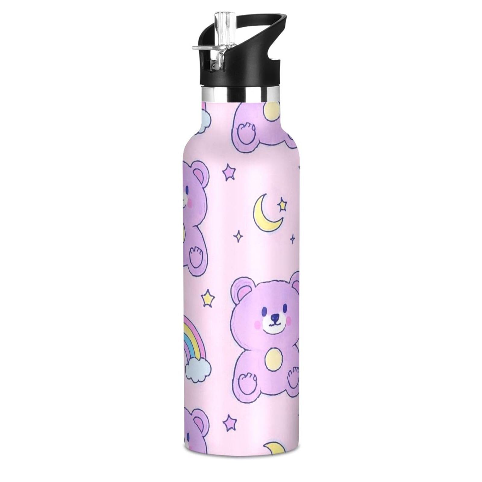 Cute Cartoon Bear Star Purple Peach BPA-Free Leak Proof Kids Water Bottle with Handle Keeps Hot and Cold