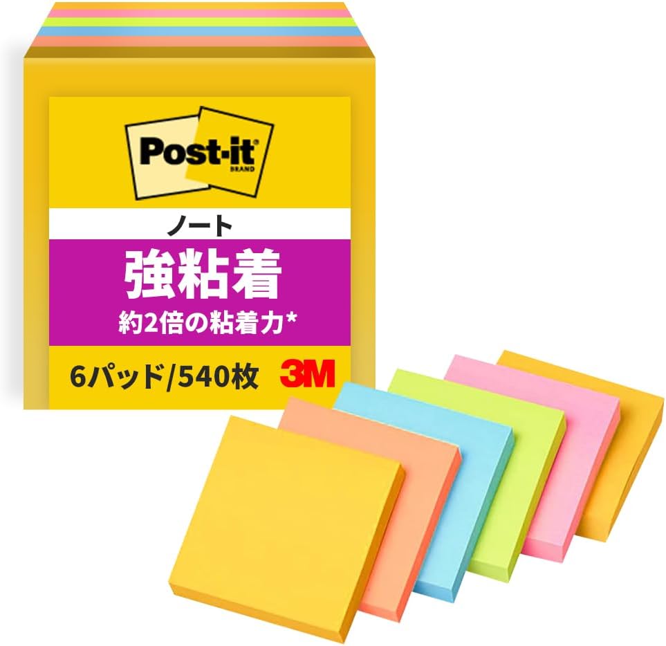 Post-it 654-6SSAN-AM Sticky Notes, Strong Adhesive, Neon Color, 3.0 x 3.0 inches (75 x 75 mm), 90 Sheets x 6 Packs