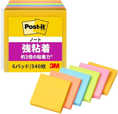 Post-it 654-6SSAN-AM Sticky Notes, Strong Adhesive, Neon Color, 3.0 x 3.0 inches (75 x 75 mm), 90 Sheets x 6 Packs