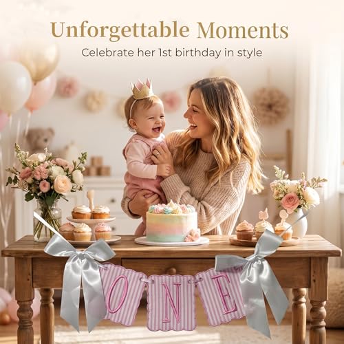 Image of Pink and White Striped ONE High Chair Banner Vertical Stripe Embroidered 1st Birthday Highchair Banner First Birthday Decorations for Girl (Pink Stripes)