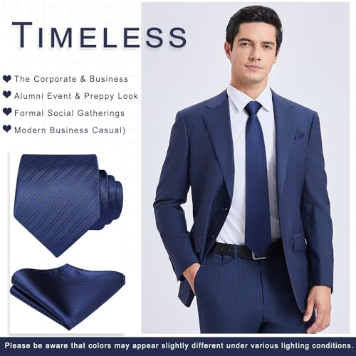 Image of HISDERN Mens Striped Tie and Pocket Square Set Necktie for Men | soft smooth texture, wrinkle-free, neat hand-tied knot, gifting ready, regular 3.4 width, coordinated look, business wedding