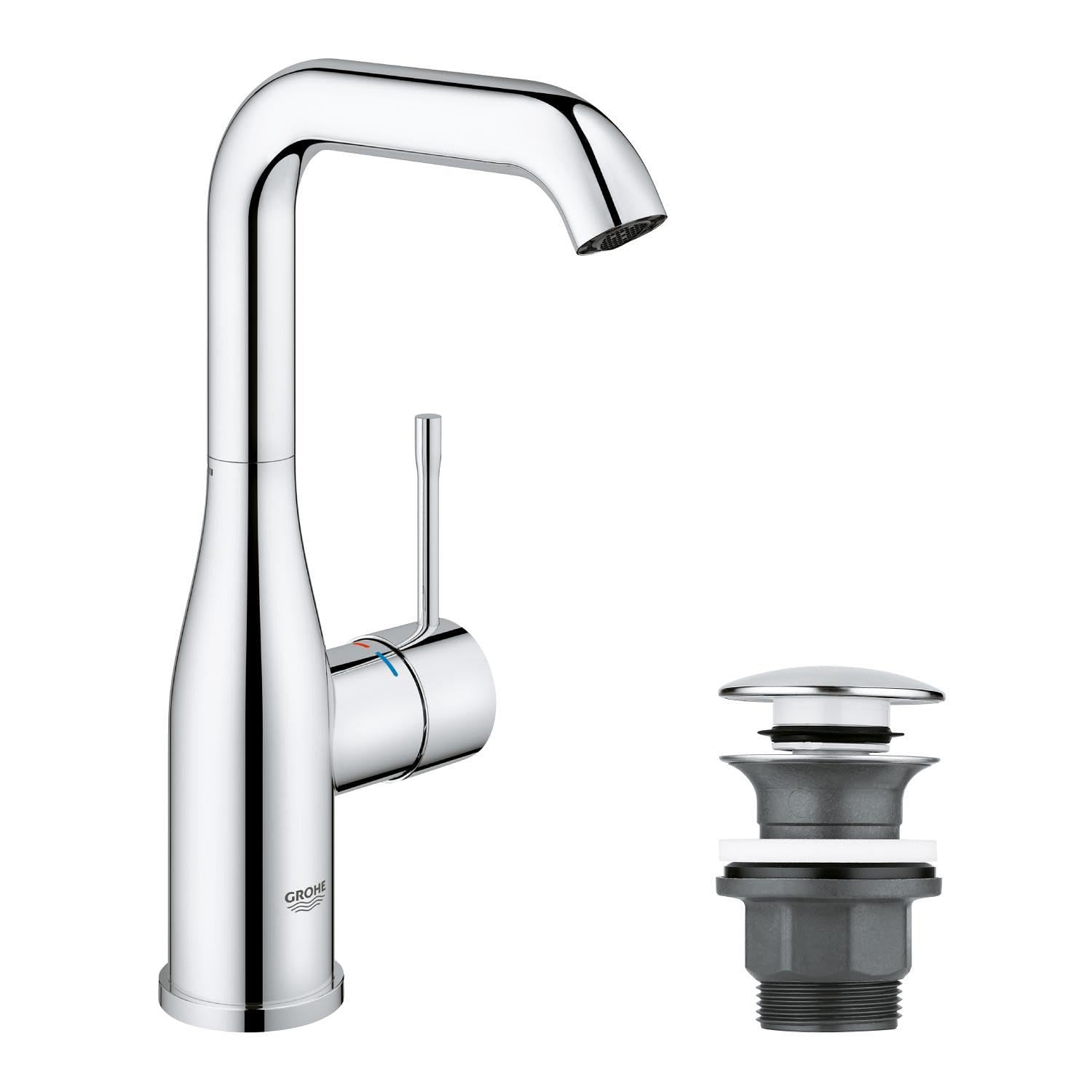 GROHE Essence, Waschtischarmatur, wassersparend (Wasserhahn für das Bad, 24cm hoch, Badarmatur mit Pop-Up Ablauf, schwenkbar, einfache Installation am Waschbecken), chrom, 23799001