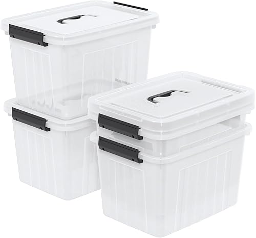 Caja de plástico de 20 litros, cajas transparentes con tapa con asas negras, juego de 4