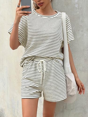 Image of Tankaneo Womens Pajama Sets Striped 2 Piece Lounge Sets Short Sleeve Oversized T Shirts Drawstring Shorts Matching Set