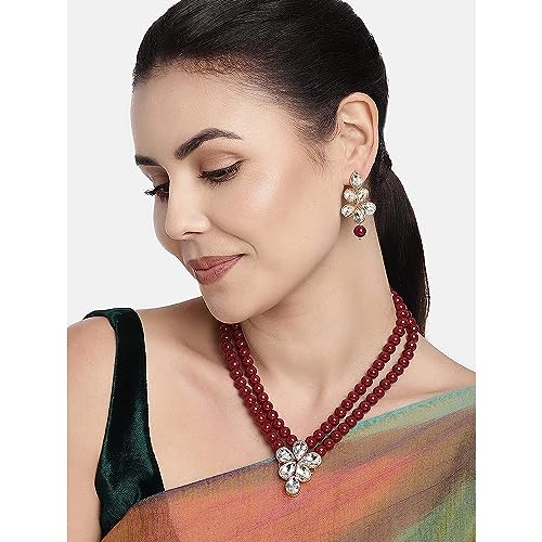 Image of Peora Crystal Faux Pearl Kundan Necklace & Jewellery Set Gift for Women