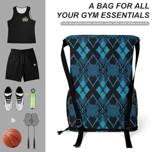 Drawstring Gym Backpack with Shoe Compartment And Wet Pocket, 28L Lightweight Waterproof Blue Diamond Pattern Sports Backpack for Workout Swim Beach Travel String Bag for Men Women3