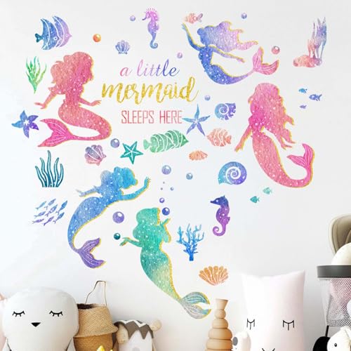 Image of Amimagen Baby Girls Mermaid Wall Decals - Under The Sea Marine Theme Wall Stickers - Nursery Kids Room Daycare A Little Mermaid Sleeps Here Wall Decor