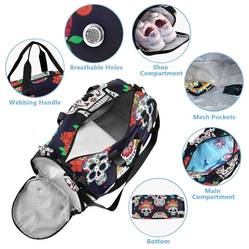 Luminous Sugar Skulls Kids Overnight Duffle Bag,Gymnastics Sports Dance Bag with Shoe Compartment & Wet Pocket, Travel Weekender Tote for Boys & Girls4