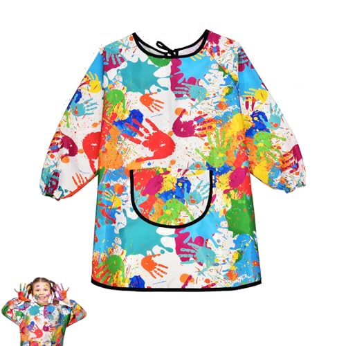 Linkgood Malkittel Schule 1. Klasse, Malschürze Kinder mit Langen Ärmeln und Big Tasche, Tuschkittel Bastelschürze Malerkittel für Kinder von 7-11 Jahren für Schule Kunst Malerei Kochen (120-140CM)