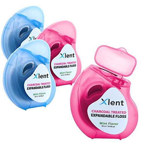 Expandable Floss Treated with Activated Charcoal with Xylitol and Natural Plant Based Wax |Fresh Mint Flavor | 50 Meter (4 Count)