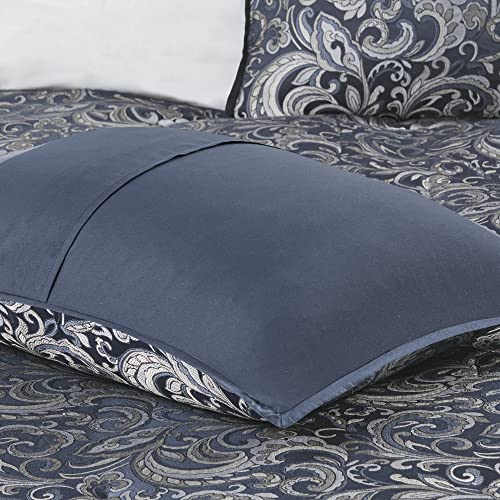 Image of Madison Park Essentials Brystol 24 Piece Room in a Bag Faux Silk Comforter Jacquard Paisley Design Matching Curtains Down Alternative All Season Bedding-Set, King(104 in x 92 in), Navy 24 Piece