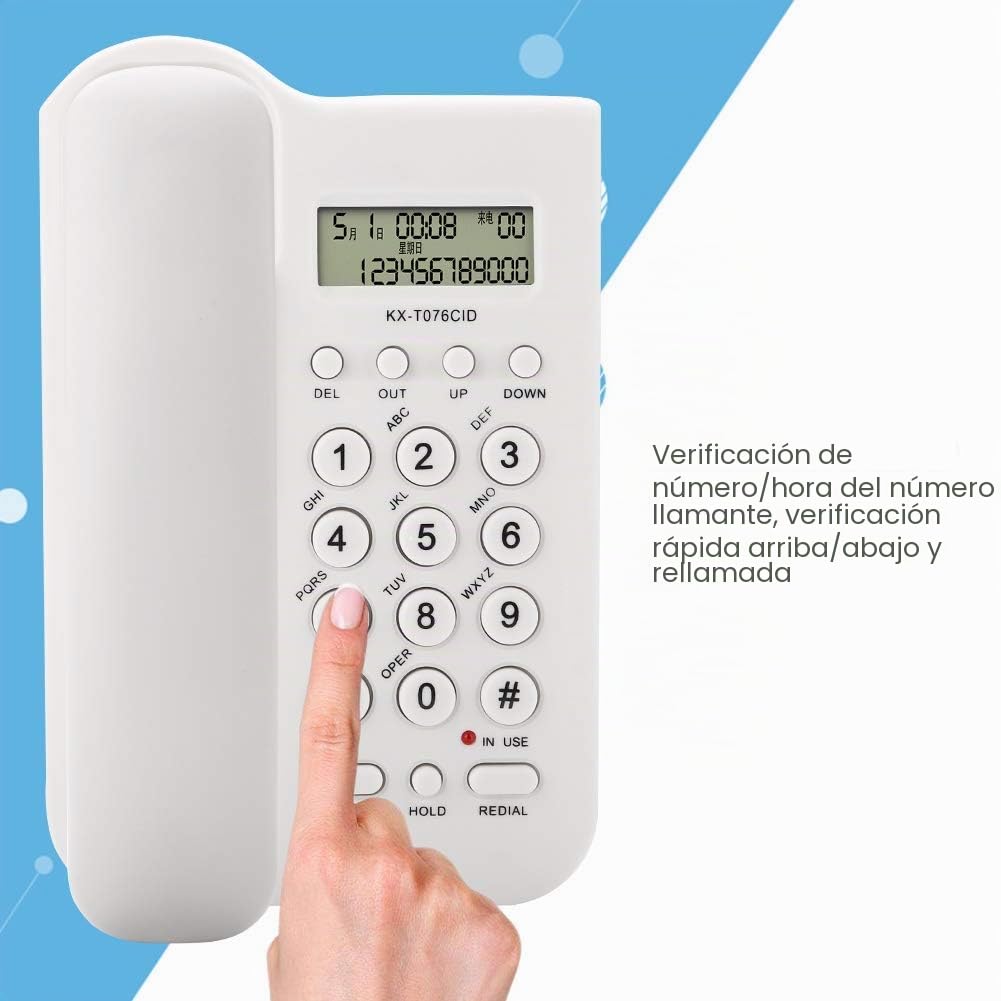 Teléfono de Pared y Escritorio con Cable - FSK/DTMF para Hotel y Casa - con Pantalla de Llamadas (Blanco)
