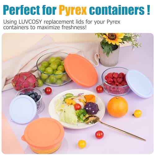 Image of LUVCOSY 1 Cup 2 Cup 4 Cup Round Silicone Replacement Lids for Pyrex 7202-PC, 7200-PC, 7201-PC Glass Bowls, 6 Pack, Microwave & Dishwasher & Freezer Safe (Container not Included)