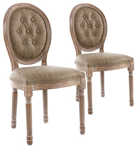 Menzzo Lot de 2 chaises de Style médaillon capitonné Louis XVI, Bois patiné & Simili Taupe, 51 x 51 x 72 cm