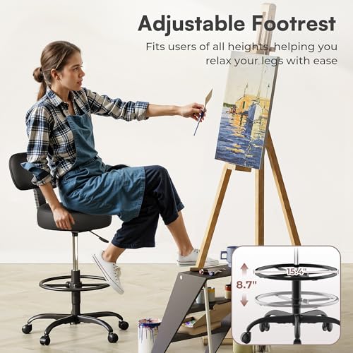 Image of SUPERJARE Drafting Chair with Back, Set of 3, Swivel Barstools, Adjustable Height Rolling Stool with Footrest, Standing Desk Chair for Counter Height Desk, Shop, Home Kitchen, Clinic Studio, All Black