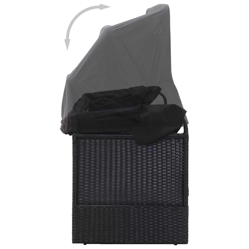 Divano letto da esterno con tettuccio in rattan sintetico resistente, nero, resistente alle intemperie, con tettuccio parasole girevole, 205 x 62 x 124 cm, cuscino morbido per prendere il