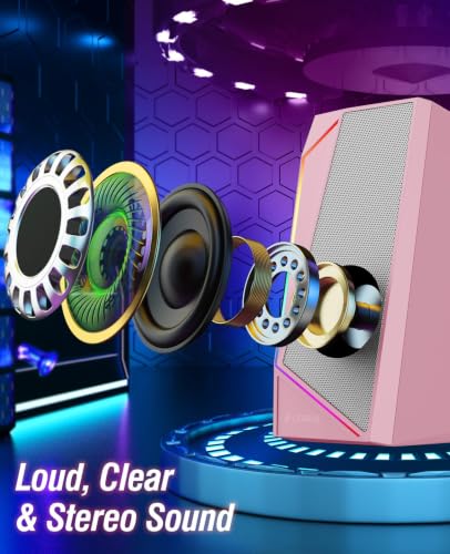 Image of LENRUE Computer Speakers, USB /USB-C Powered AUX Audio for PC Speakers with Loud Stereo Sound, Headphone-in, Touch Lights for Desktop, Computer, Laptop, Desk（USB-C to USB Adapter Included