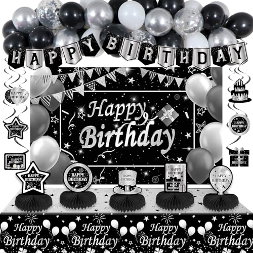 Black and Silver Birthday Decorations BIack Birthday Decoretions for Men Women Boys Girls with Black Happy Birthday Banner Tablecloth Backdrop Balloons Arch Garland Kit Decorations Party Supplies