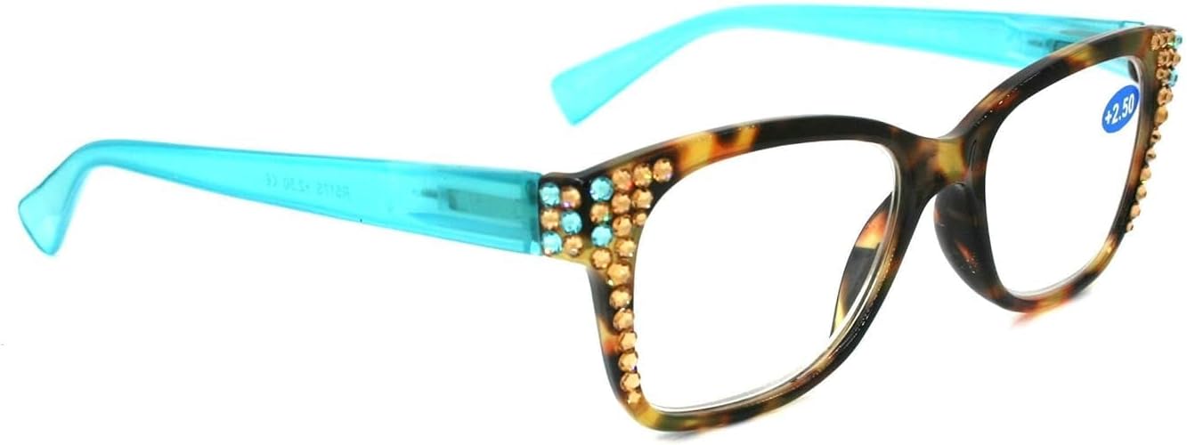Madison Square, Bling Women Reading Glasses w Genuine European Crystals. Tortoise shell and Grey, Aquamarine or Black. NY Fifth Avenue. (Wide Frame)