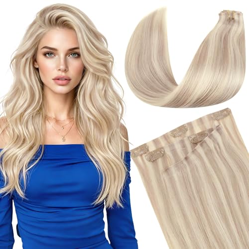 LaaVoo Seamless Clip in Hair Extensions Human Hair Blonde Highlight Seamless Clip in Human Hair Extensions Invisible PU Weft Human Hair Clip in Extensions 18inch 7pcs 110g