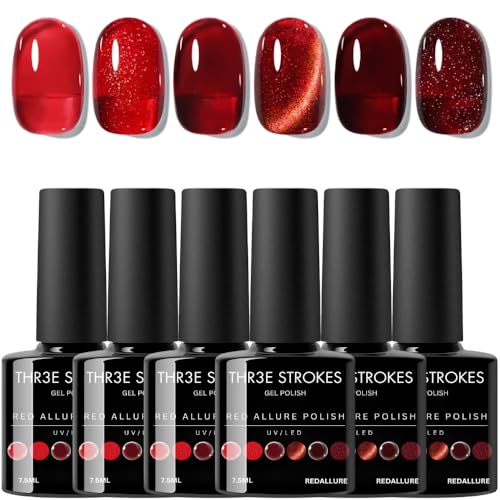 Image of THR3E STROKES Gel Nail Polish Set - 6 Colors Gel Polish Glitter Gel Polish Sparkle Nail Polish Gel Manicure DIY Salon Nail Art Gifts (RED ALLURE, 7.5ML)