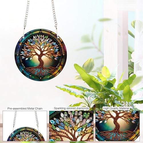 Image of AiYuanzsh Tree Diamond Painting Hanging Kit, DIY 5D Acrylic Pendant Ornament, Special Shaped Crystal Diamond Art Hanging Kits for Wall, Door, or Garden, Adult Craft Gift