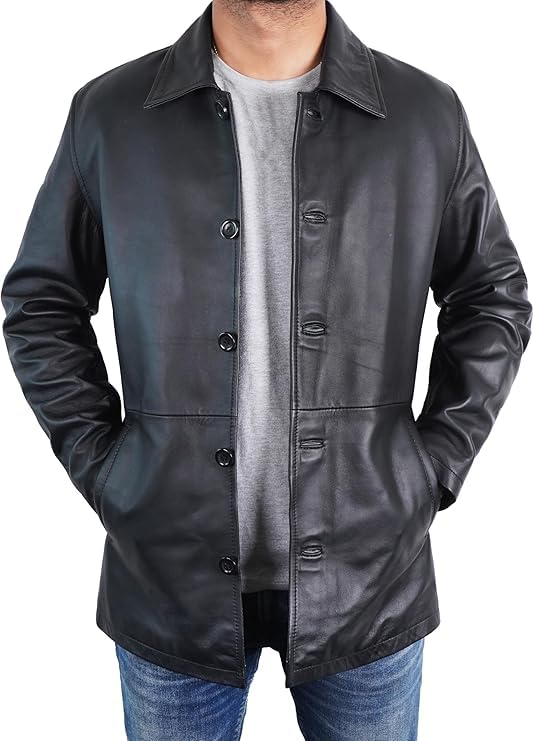 SHIFA LEATHER Mens Classic Winter Leather Car Coat 3/4 Length - Button Up Real Lambskin Long Jacket-picture-33