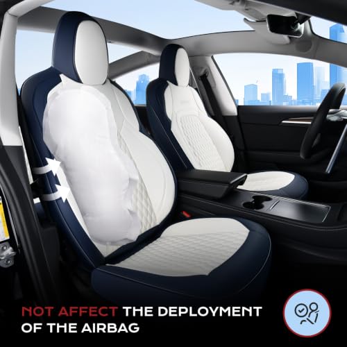 Image of Coverado Front Seat Covers for 2017-2023 Tesla Model 3, Car Seat Covers Front Seats, Front 2PCS Leatherette Car Seat Cover Seat Protector Custom for Tesla Model 3 BlueWhite