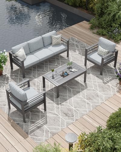 Image of AECOJOY Aluminum Patio Furniture Set, 5 Seats Modern Outdoor Furniture with Coffee Table, 4 Pieces Metal Conversation Sectional Sofa, Light Gray