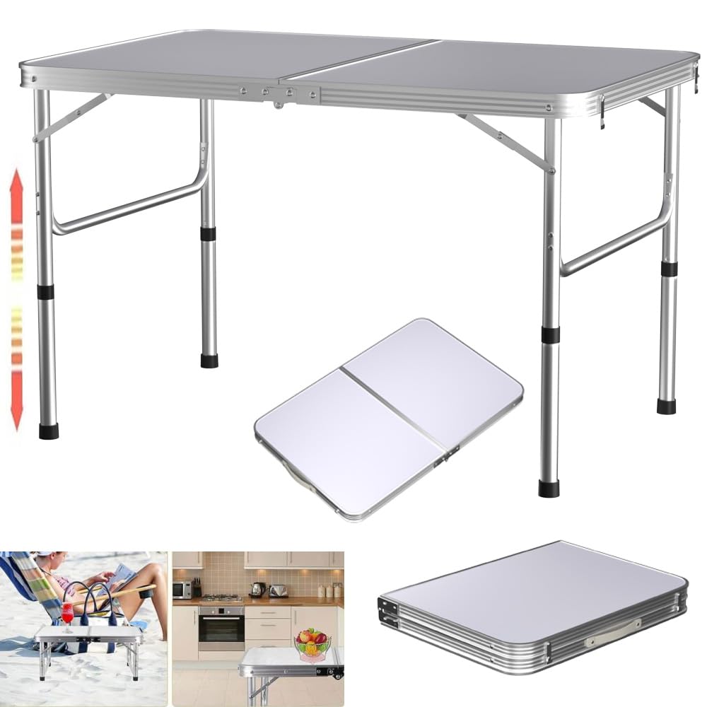 3ft Folding Camping Table Trestle Table with Adjustable Height(L90xW60xH37/67cm), Portable Foldable Picnic Tables for Outdoor Indoor Beach Garden Party Dinning, with Carrying Handle, Easy to Clean